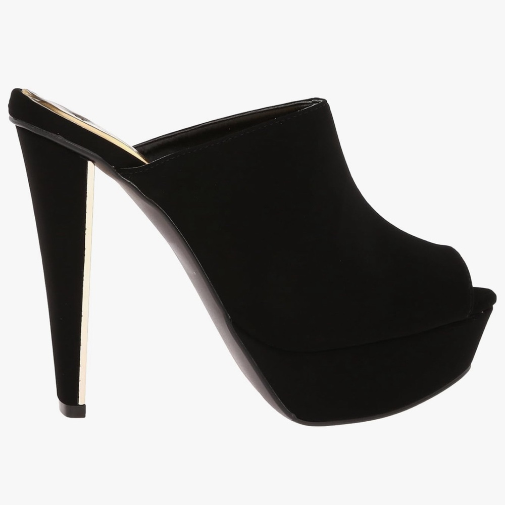NWOB size 7 faux suede 5 in heel with gold trim peep toe mule